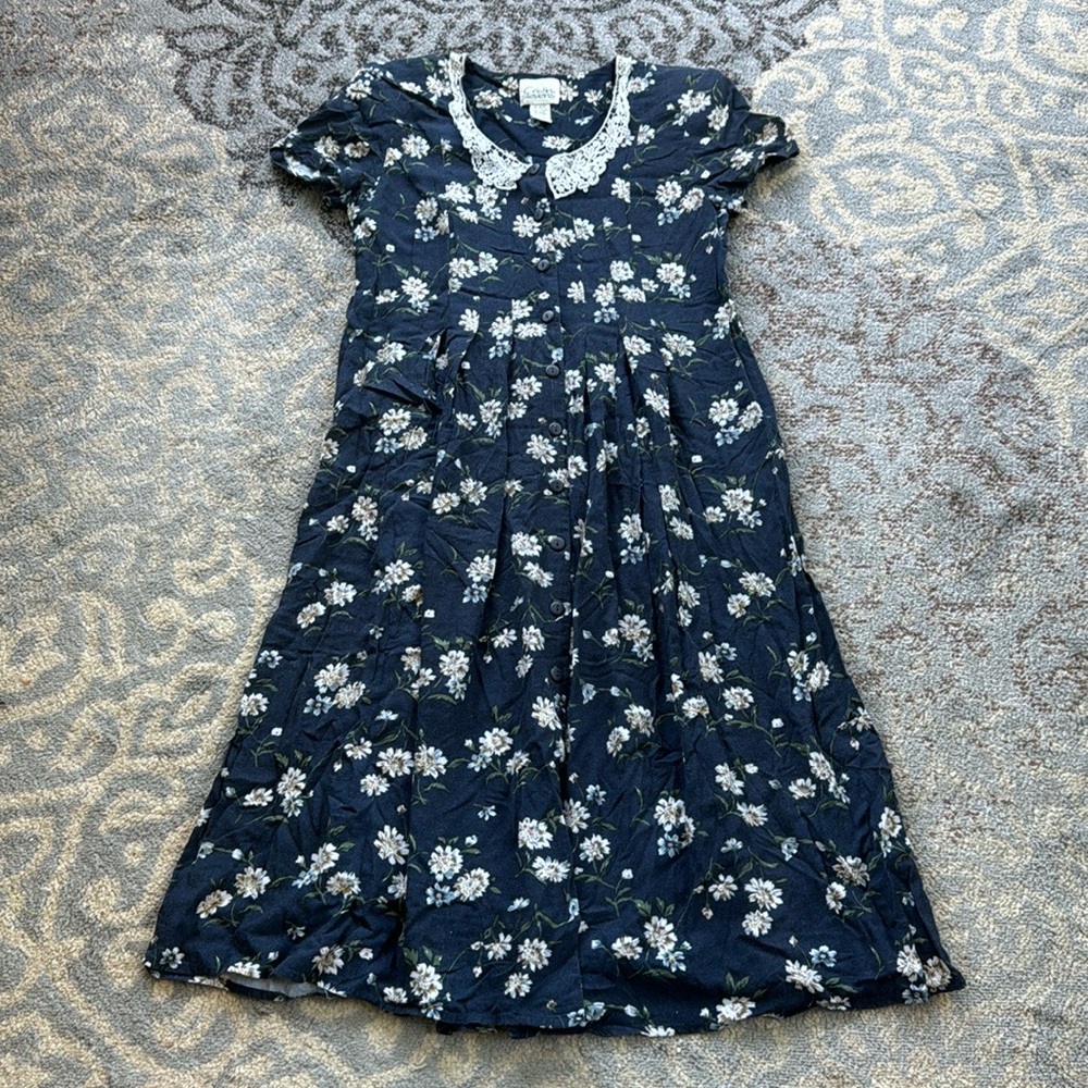 Vintage Cristin Stevens Floral Button Down Dress Navy Medium